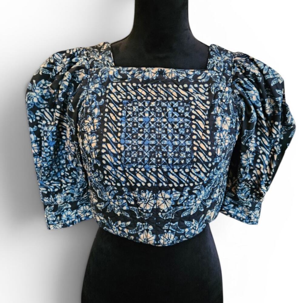 Ulla Johnson Crop Blue Floral Square Neck Lace-Up Back Puff Sleeve Blouse Sz 0